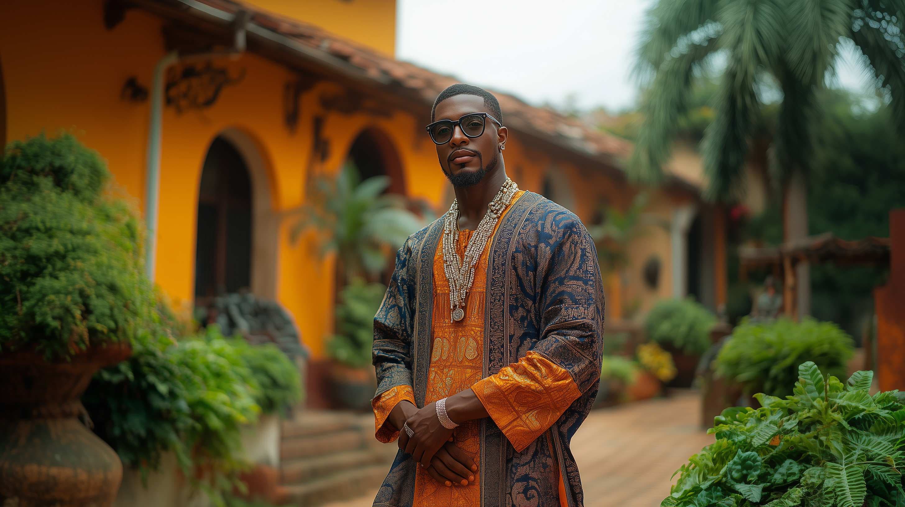 Full-body shot of a Nigerian male model standing confidently outdoors, wearing a traditional outfit with intricate embroidery and layered bead necklaces. He is posed with a calm expression, wearing glasses, and the background features a vibrant yellow building with lush greenery, giving the scene a warm, cultural, and stylish atmosphere.